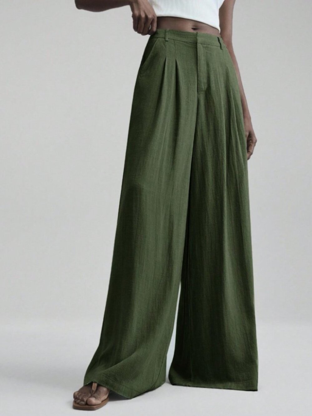 Olive Green Woven Wide Leg Pleated Trousers